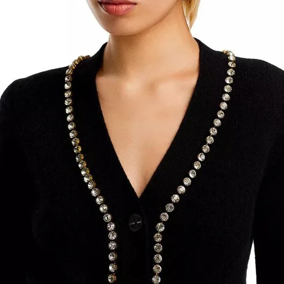 Aqua Black Cashmere V-Neck Cardigan with Rhinestone Trim - Picture 3 of 9